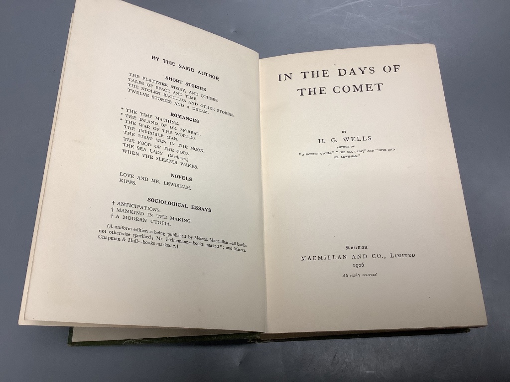 Wells. H.G. – In the Days of the Comet, 1st edition, half title, publisher’s (14)pp catalogue at end, original gilt-lettered and blind-decorated green cloth, 1906